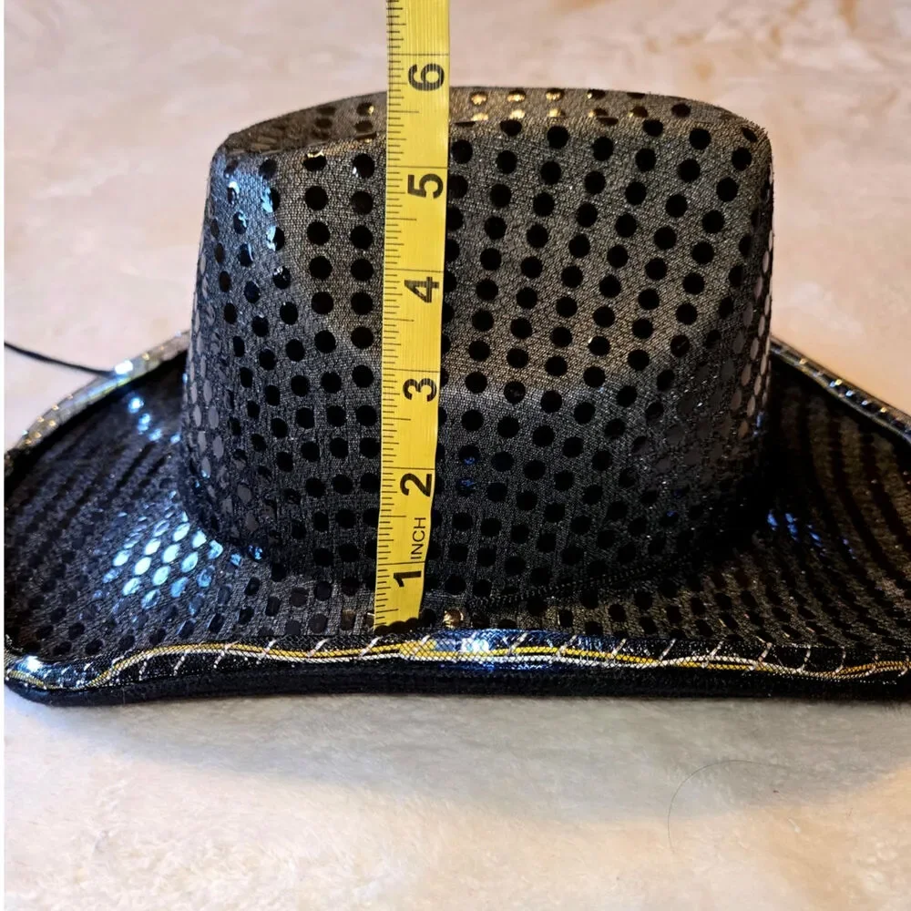 O/S Shiny Sequin Light Up Cowboy Black Hat Set/4